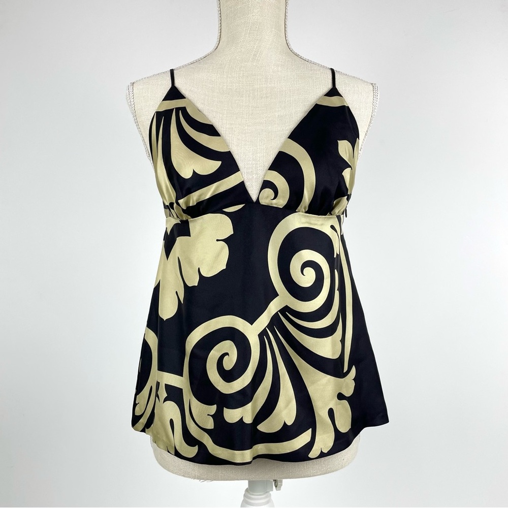 Tibi Silk Cami Top Babydoll Sleeveless Black Gold Designer Womens Size 6